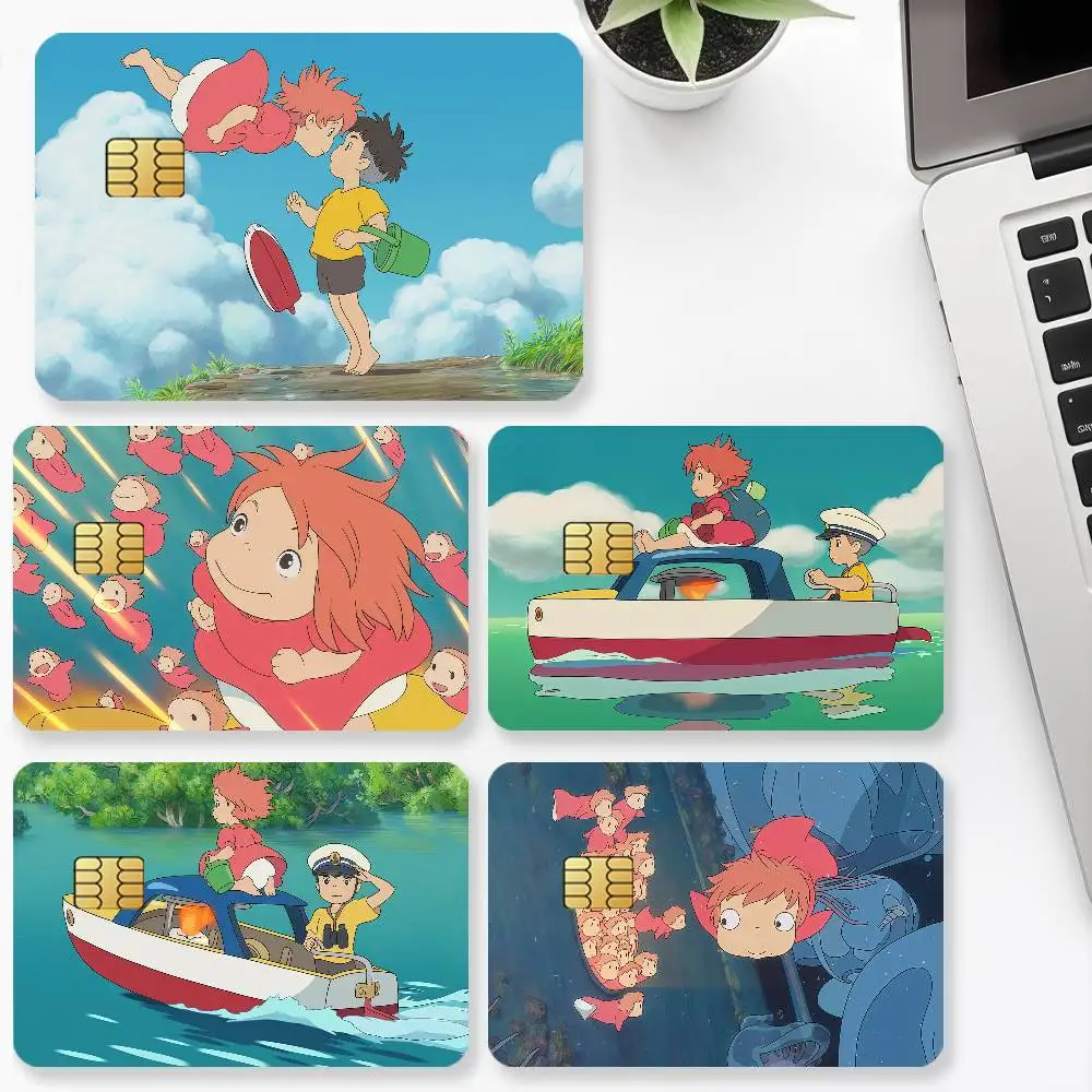 Cartoon P-Ponyo on the C-Cliff Credit Card for Bank Debit Decorative Protection 4PCS Anti-scratch Waterproof Stickers Bus Subway