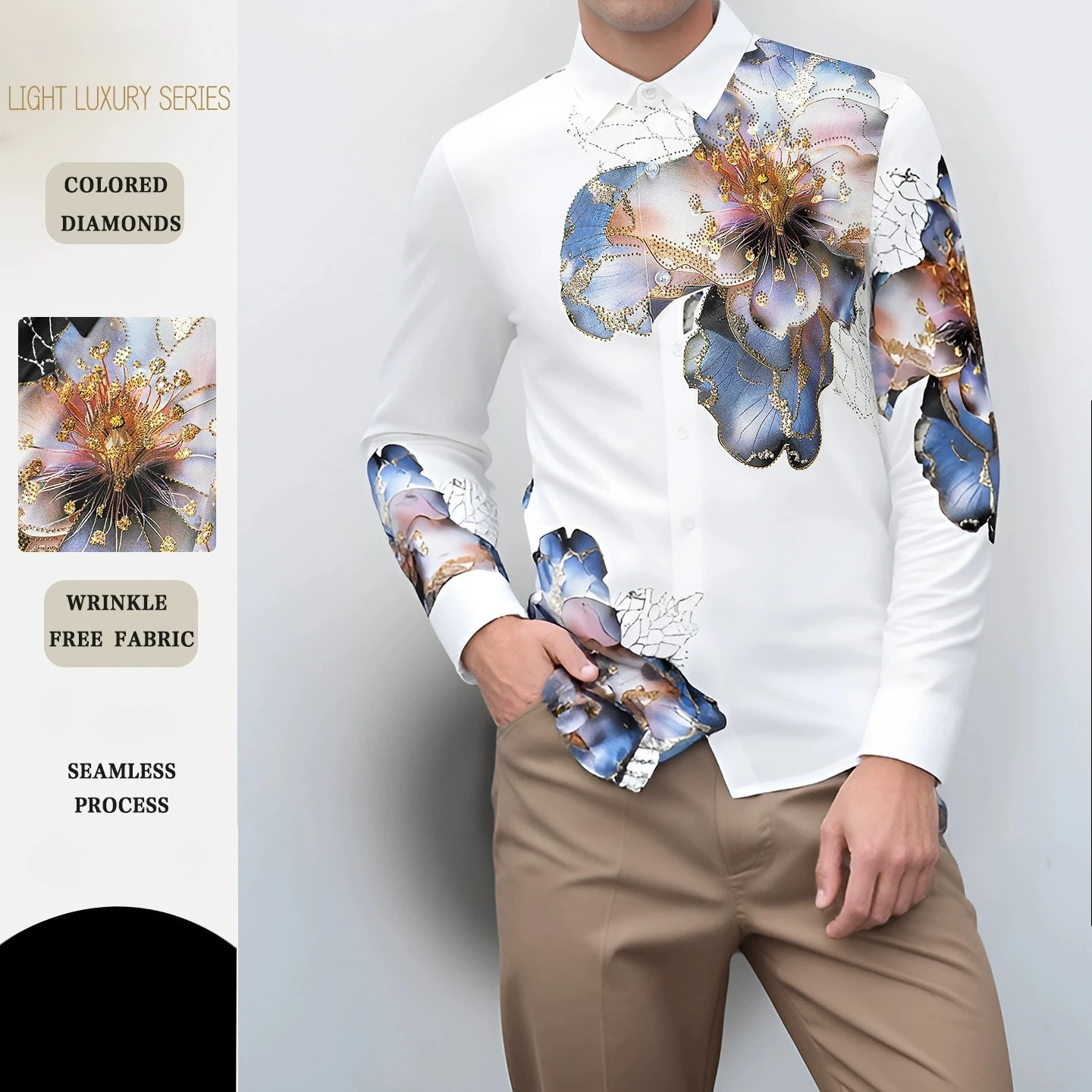 Luxury Floral Rhinestone Long Sleeved Shirt Men Casual Business Dress Shirts Versatile Banquet Party Stage Performance Costumes