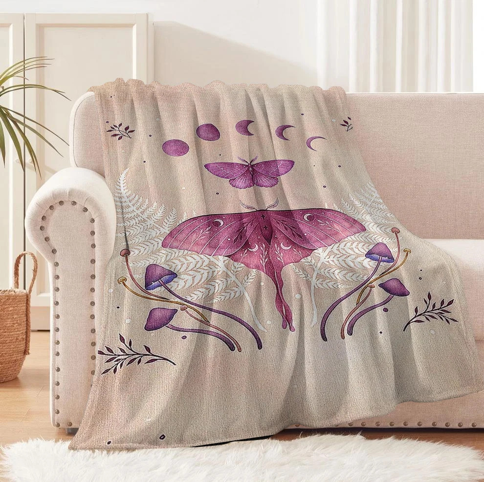 1pc Mysterious style blanket gift lunar phase Purple Moth flannel Blankets for men women fantasy healing gifts four season use