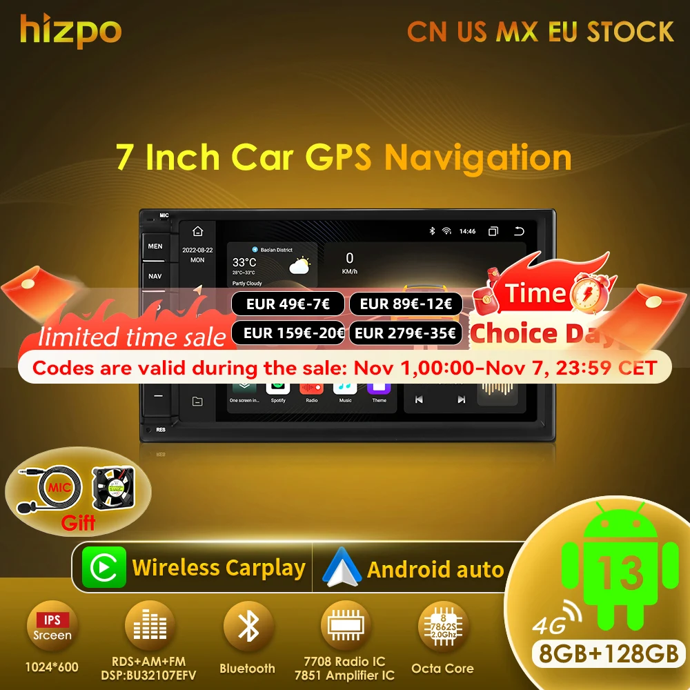 Hizpo 2din 7inch CarPlay Android 13 Auto Universal Car Stereo Bluetooth FM Radio For Nissan Toyota Volkswagen Autoradio 8G 128G
