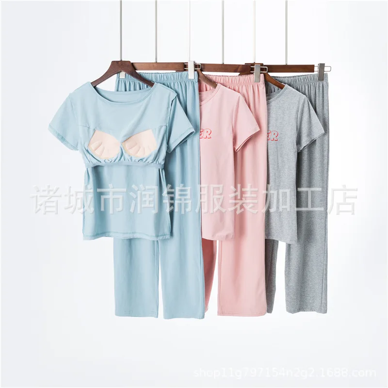 Pure Cotton Sleepwear Set with Chest Pad Loose Short Sleeve Home Clothes for Women Comfortable plus Size Half Sleeve Shorts