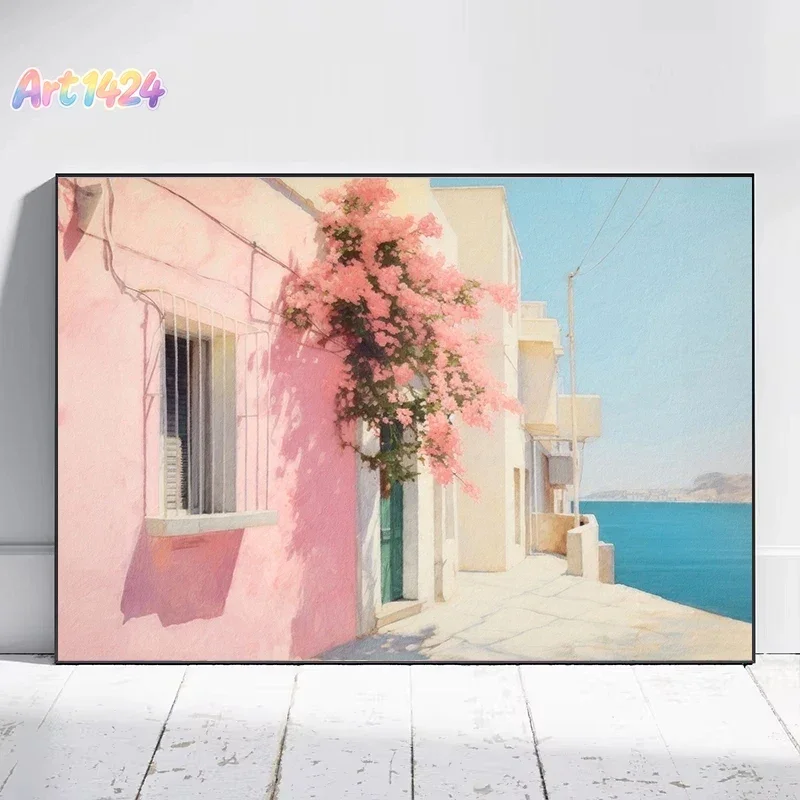 Surfboard Leans on the Chair – Beach Shade Summer Pink Coastal Frameless Canvas Poster for Home Wall Decor Gift