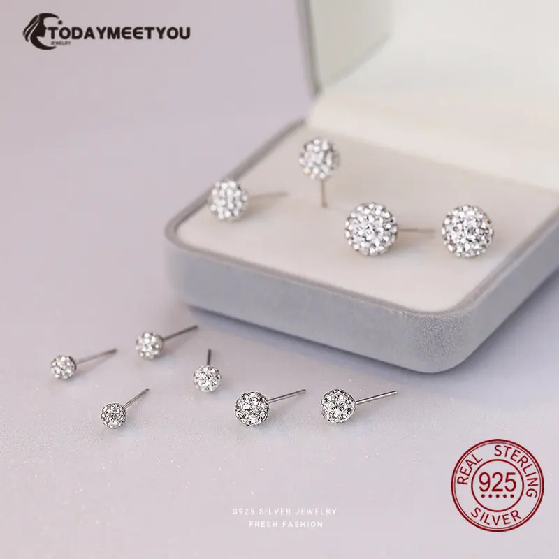 High Quality 925 Sterling Silver Rhinestones Crystal Ball Stud Earring Bead Jewelry 10mm 8mm 6mm Stud Earring For Female Jewelry