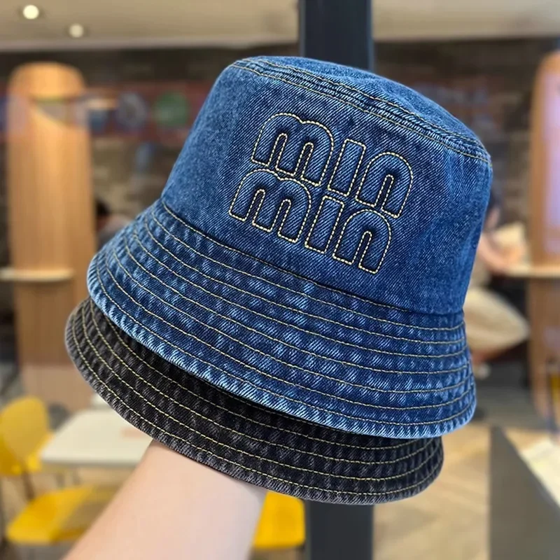 Washed Denim Embroidery Letter Fisherman Hat Children Spring and Autumn Korean New Bucket Hat