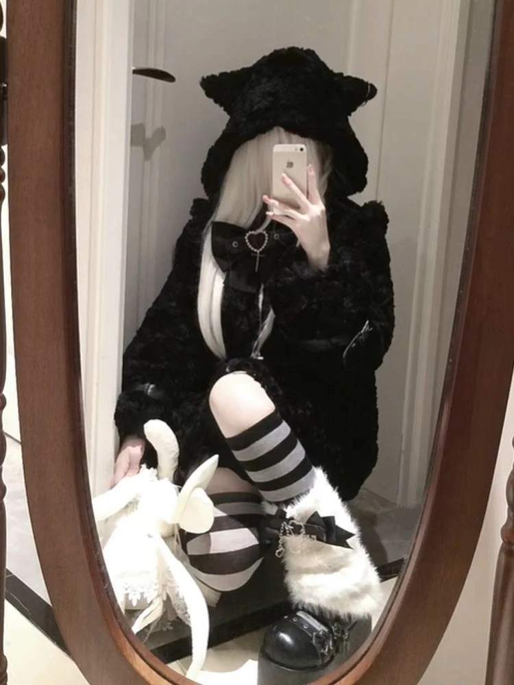 Japanese Vintage Harajuku Sweet Y2k Dark Hoodie Women Loose Long Sleeve Cat Ear Hairy Coats Autumn Casual Elegant Fashion Tops