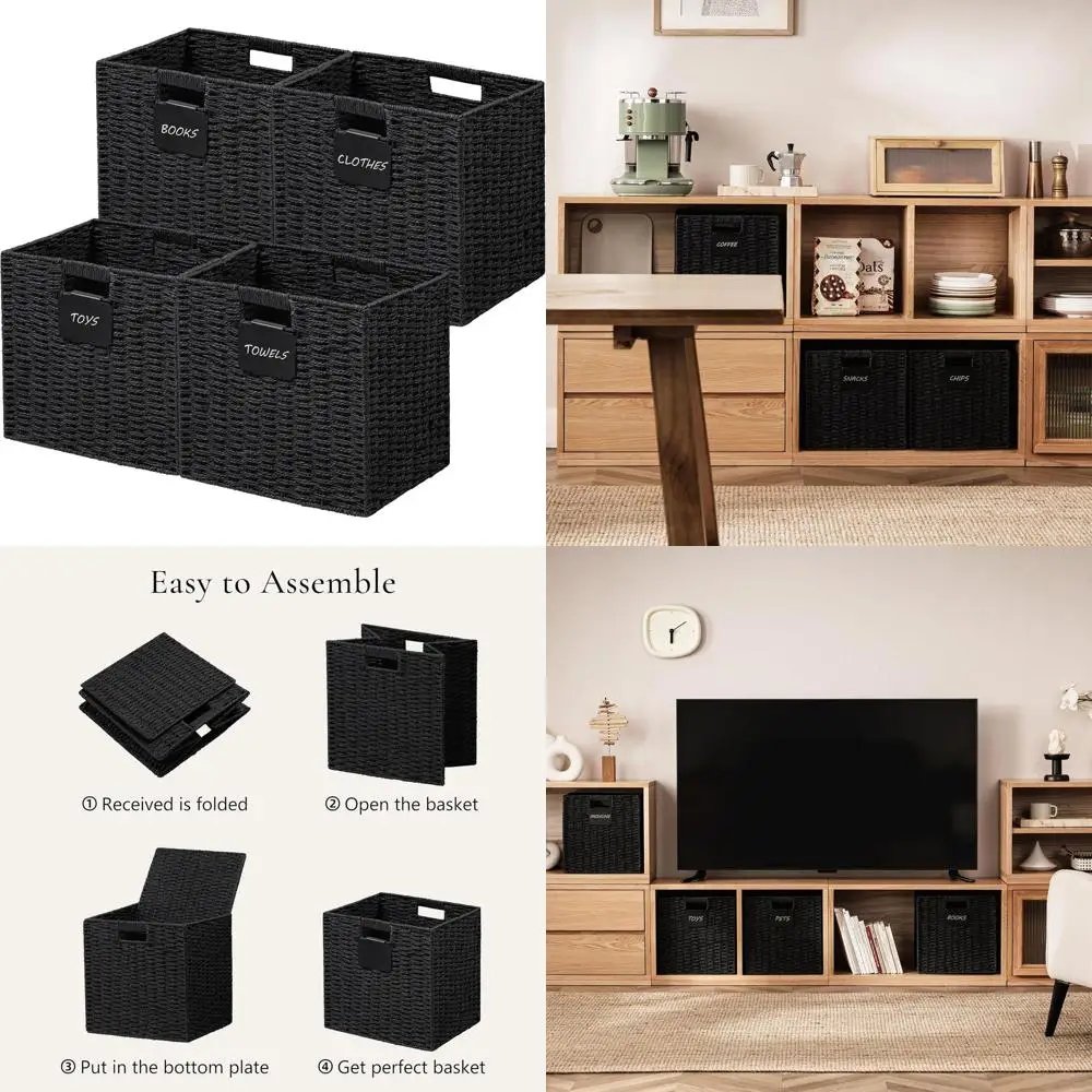 

Набор из 4 складных плетеных кубиков для хранения с этикетками, квадратные корзины 10,5 для полок, органайзеры из черной бумажной веревки