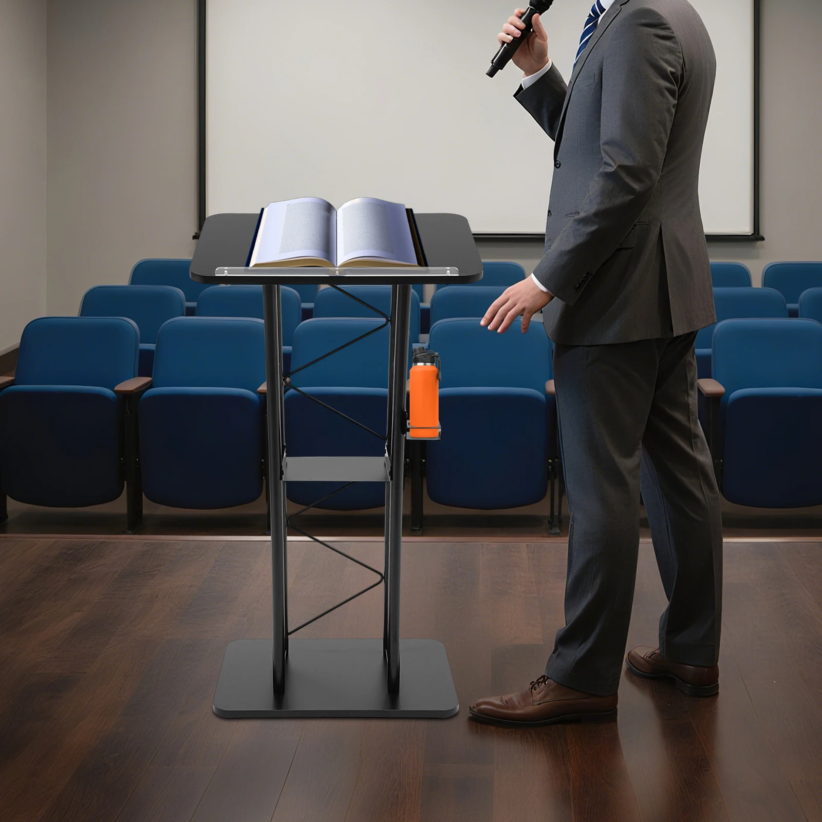 Podio Portátil con Portavasos, Atril Curvo, Soporte Metálico para Podio con Soporte para Libros, para Escuelas, Conferencias, Salas de Conferencias, Escenarios