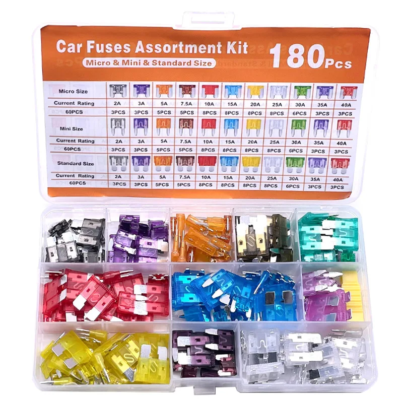 180Pcs Car Fuses Assorted Kit 60 Mini Blade Auto Fuses 60 Standard Fuses 60 Micro Fuses with Fuse Puller for Vehicle Maintenance