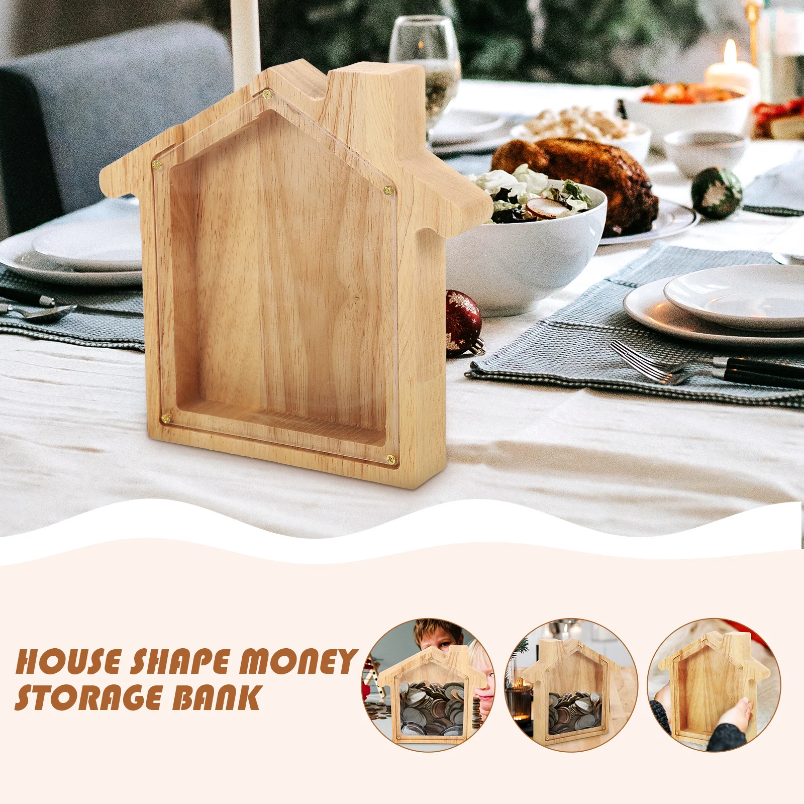 

Wooden Acrylic House Shape Piggy Bank Large Capacity Coin Jar Toy Safe Money Boxes Decorations Saving Pot Desktop