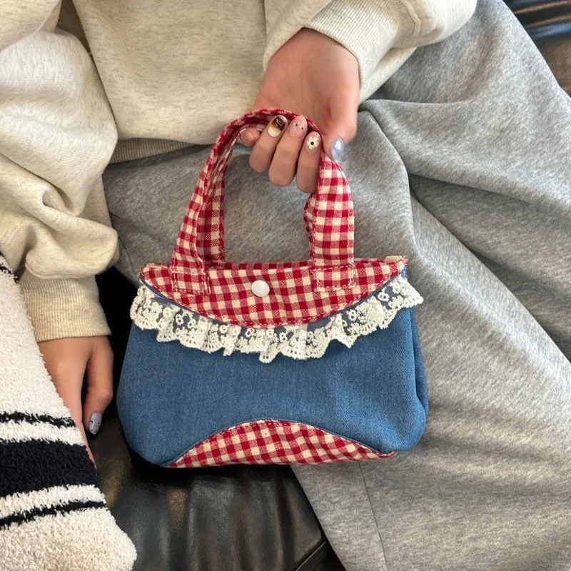 

Korean Sweet Lace Handbag Retro Artistic Denim Plaid Colorblock Handbags Fresh Girly Mini Tote Bags For Girls Gifts