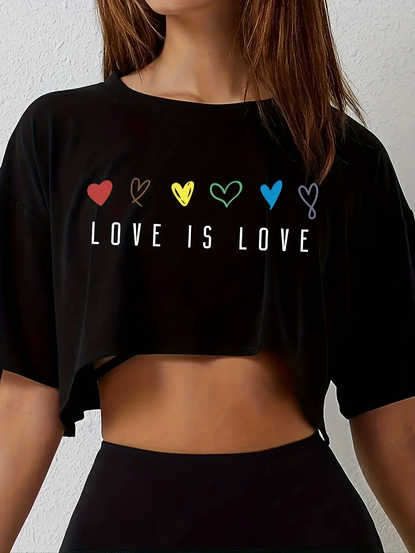 Womens Vibrant Pride Crop Top T-Shirt Pride Month Short Length Casual Fit Breathable Medium Stretch Colorful Heart Baby Tee