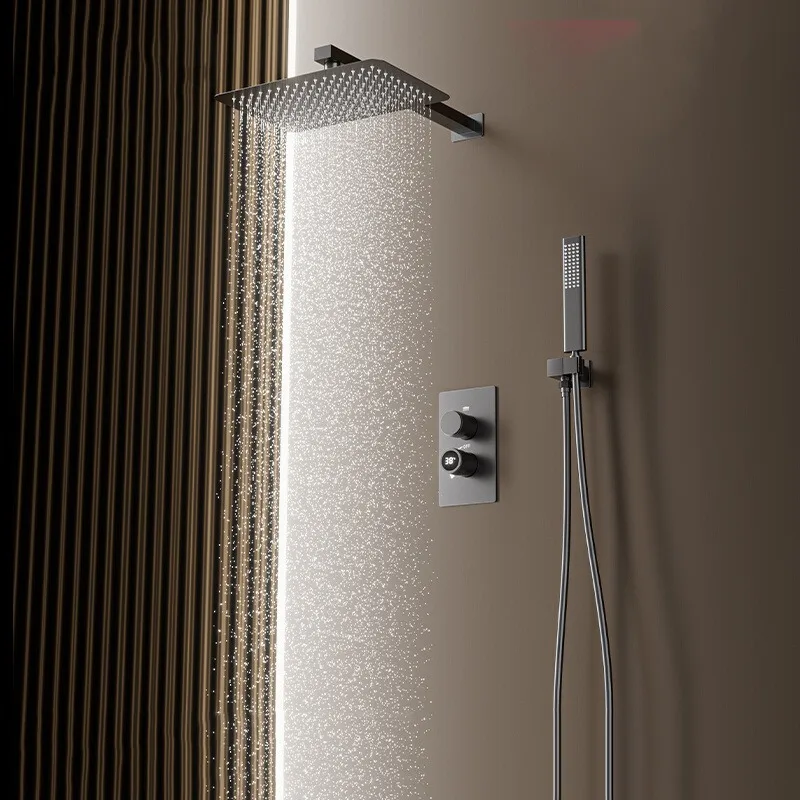 Gun gray concealed wall shower set, embedded concealed concealed pre-buried all-copper shower