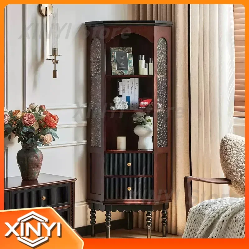 French Retro Medieval Solid Wood Corner Cabinet for Living Room Home Office Display Shelf Side Cabinet for 90 Degree Corner