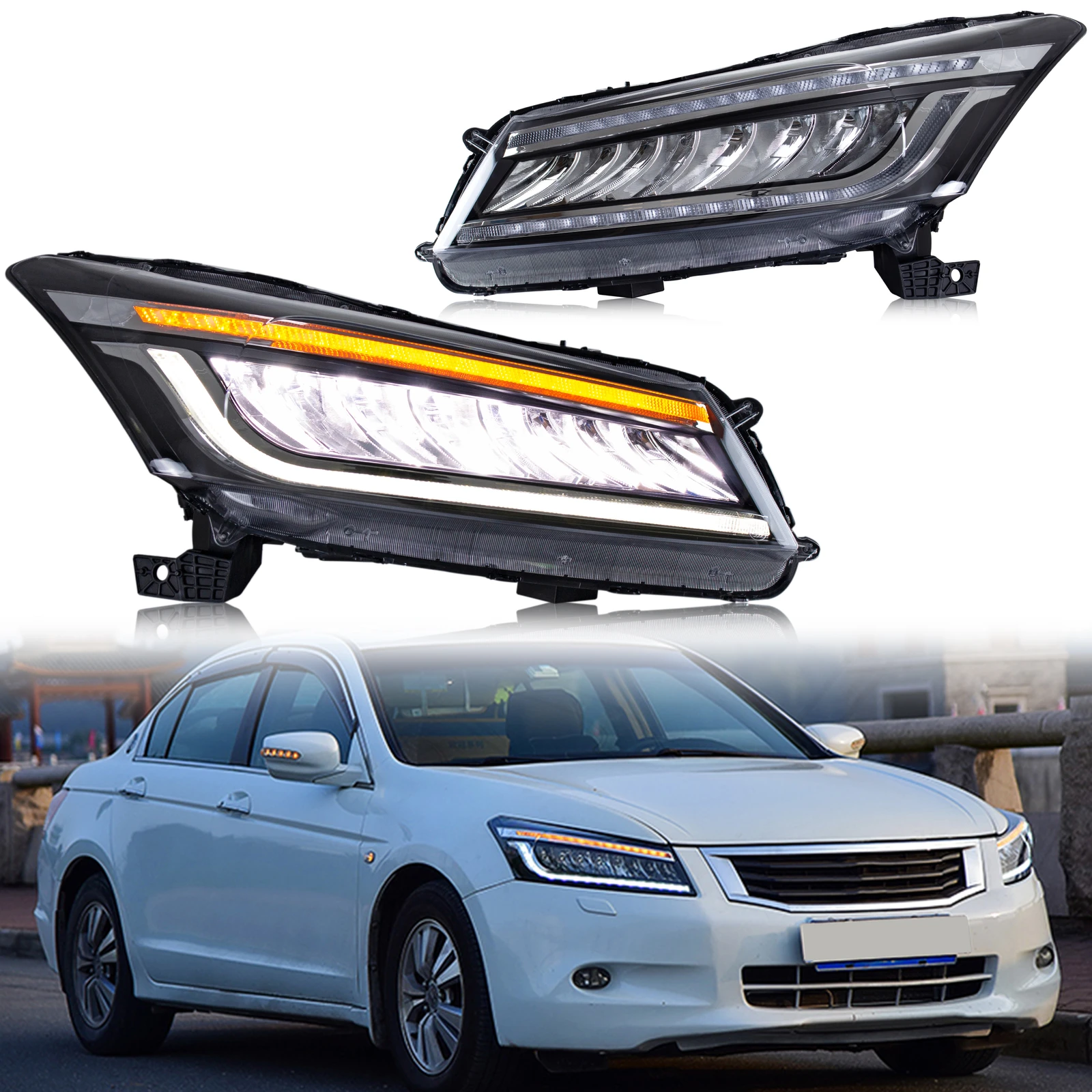 

LED Touring Headlights for Honda Accord 2008-2012 EX LX 8th Gen Sedan DRL Sequential Turn Signal Front Lamps Assembly