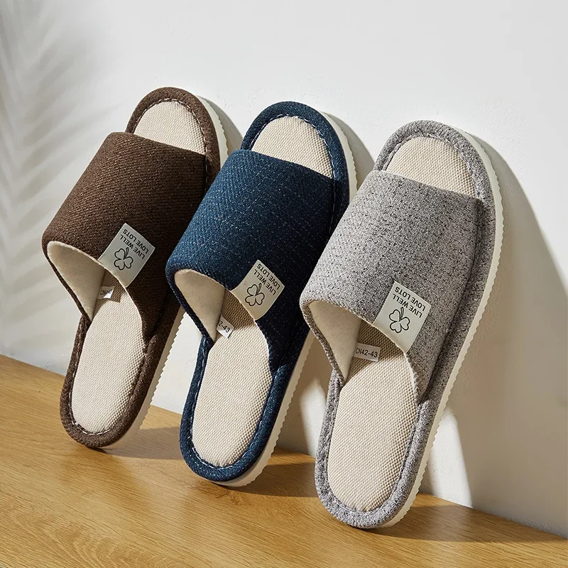 

Home Linen Slippers For Men In Spring&Autumn Comfortable Bedroom Open-toed&Breathable Slippers Men's & Women's Shoes Summer