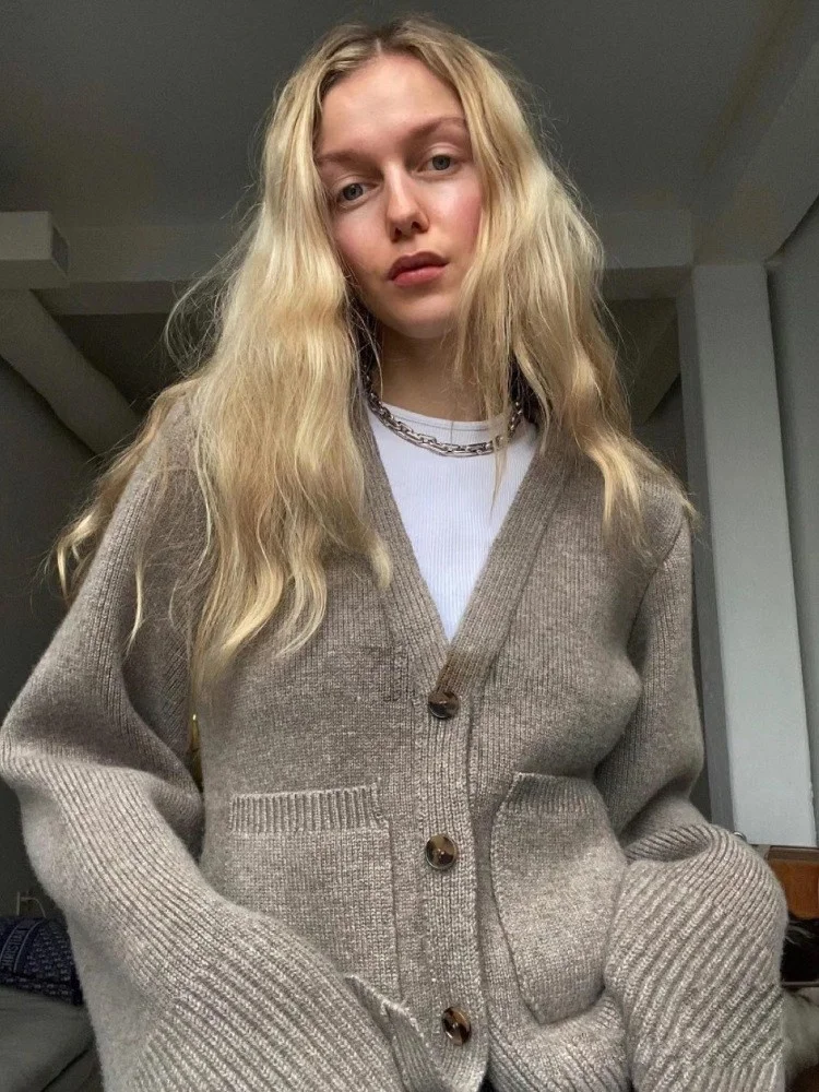 

Women's V-Ne Knitted Woolen Sweater Cardigan Waist-Cinching Autumn Winter New Sle Lazy Ins Wind Coat Warm Outerwear