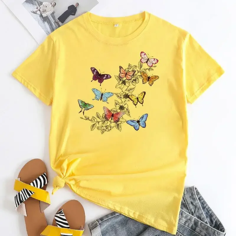 New Summer Women Tee Europe and The United States Butterfly Print Love Short-sleeved Top Blouse Harajuku Graphic Women Daily Tee