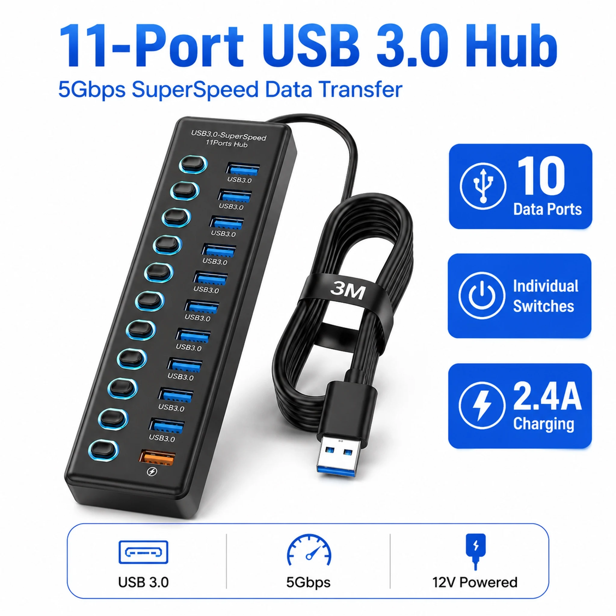 11 Port USB 3.0 Hub 5Gbps Super Speed Splitter 2.4A Fast Charging Port 3M-15M Long Cable 12V Powered USB Hub for Laptop PC