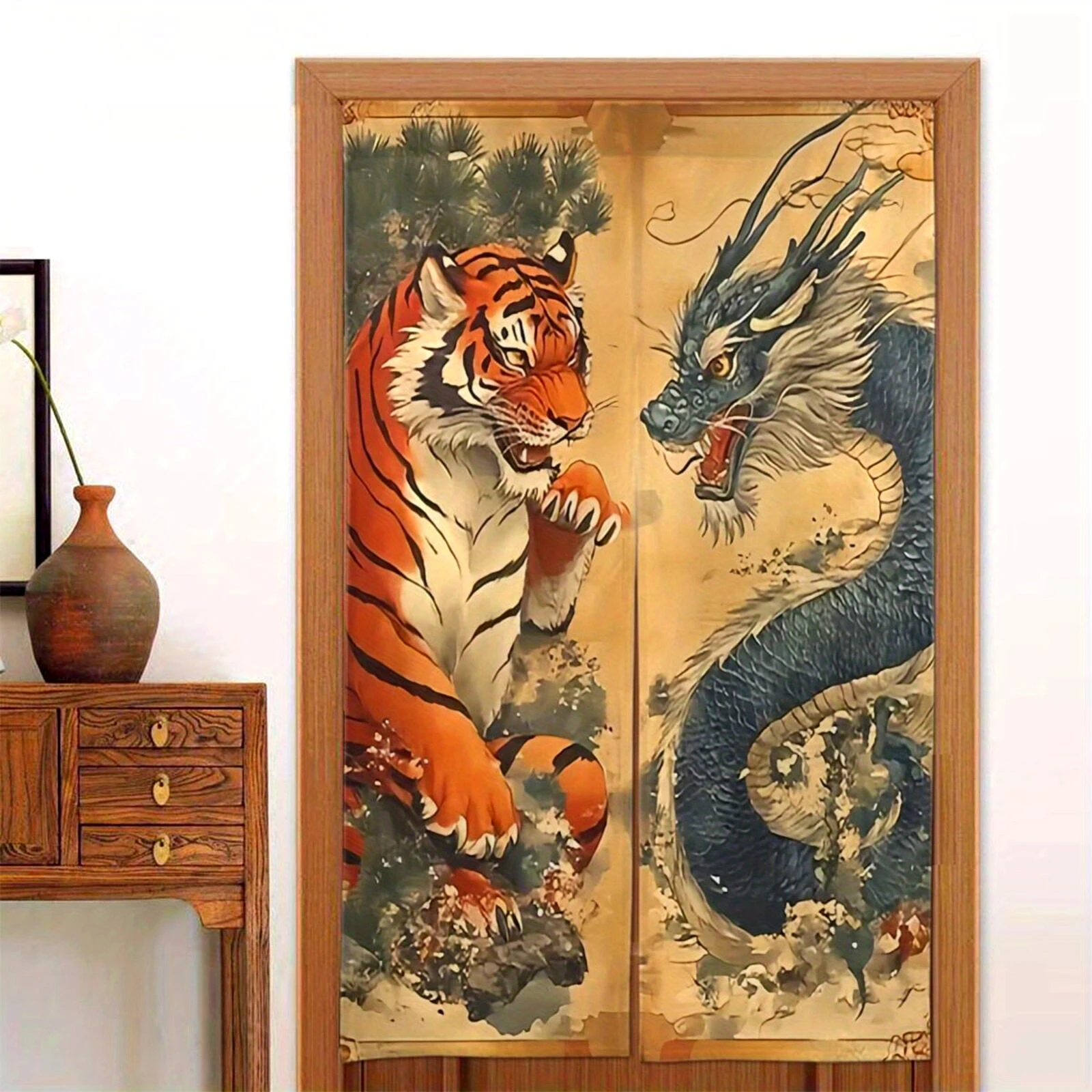 VIKAMA Dragon and Tiger Half-Height Curtain, Kitchen-Bedroom-Entryway Divider, Dust-Proof, Privacy-Protecting Home Decor Curtain