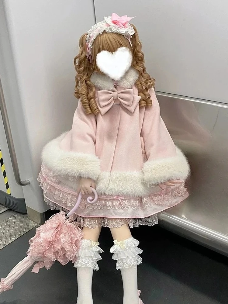 Japanese Lolita Cloak Coats Y2k Aesthetic Furry Patchwork Loose Cute Hooded Jacket Sweet Bow Grunge Fairy Autumn Winter Coat