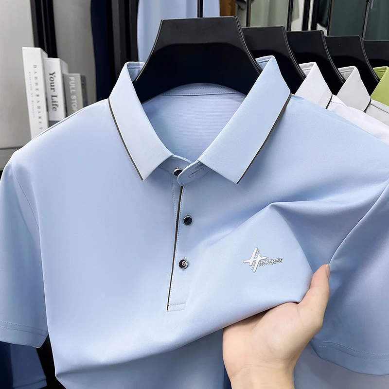 High end brand ice silk short sleeve polo shirt breathable fashion letter embossed men business leisure summer new lapel T-shirt