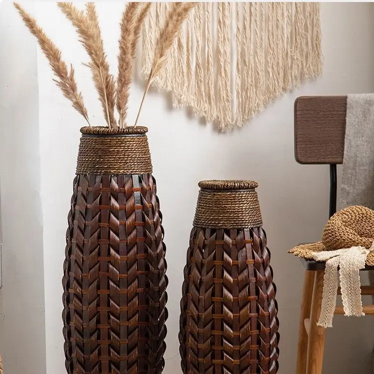 living room decoration American retro handmade bamboo woven vase rattan flower glass flower arrangement dried flower basket