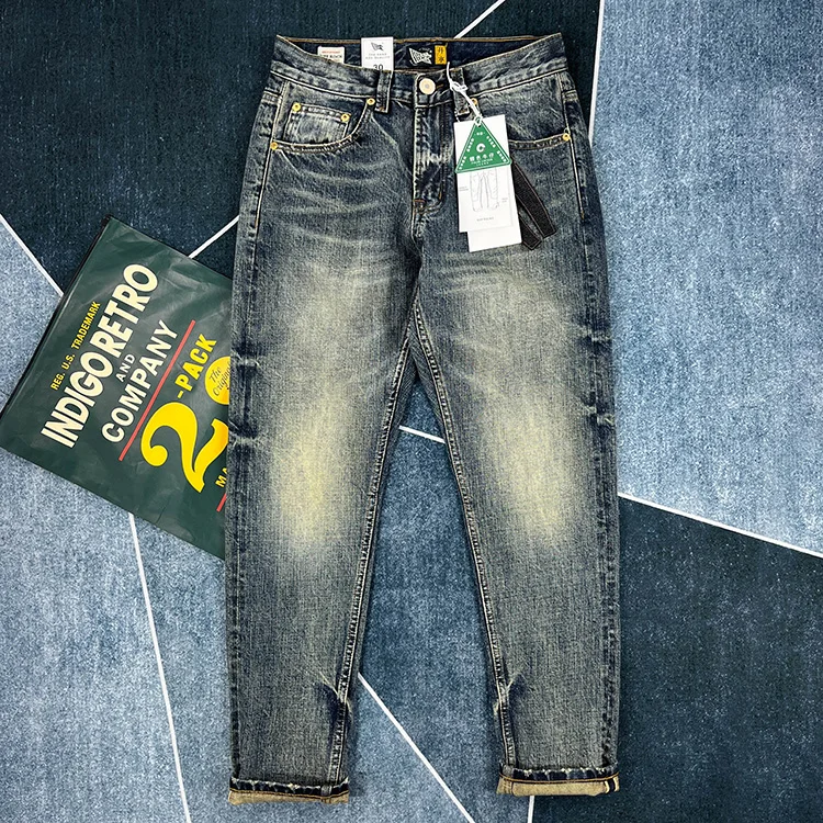 

Men's Slim Straight Raw Hem Selvedge Jeans Washed and Distressed Heavyweight 14oz 100% Cotton American Retro Casual Denim Pants