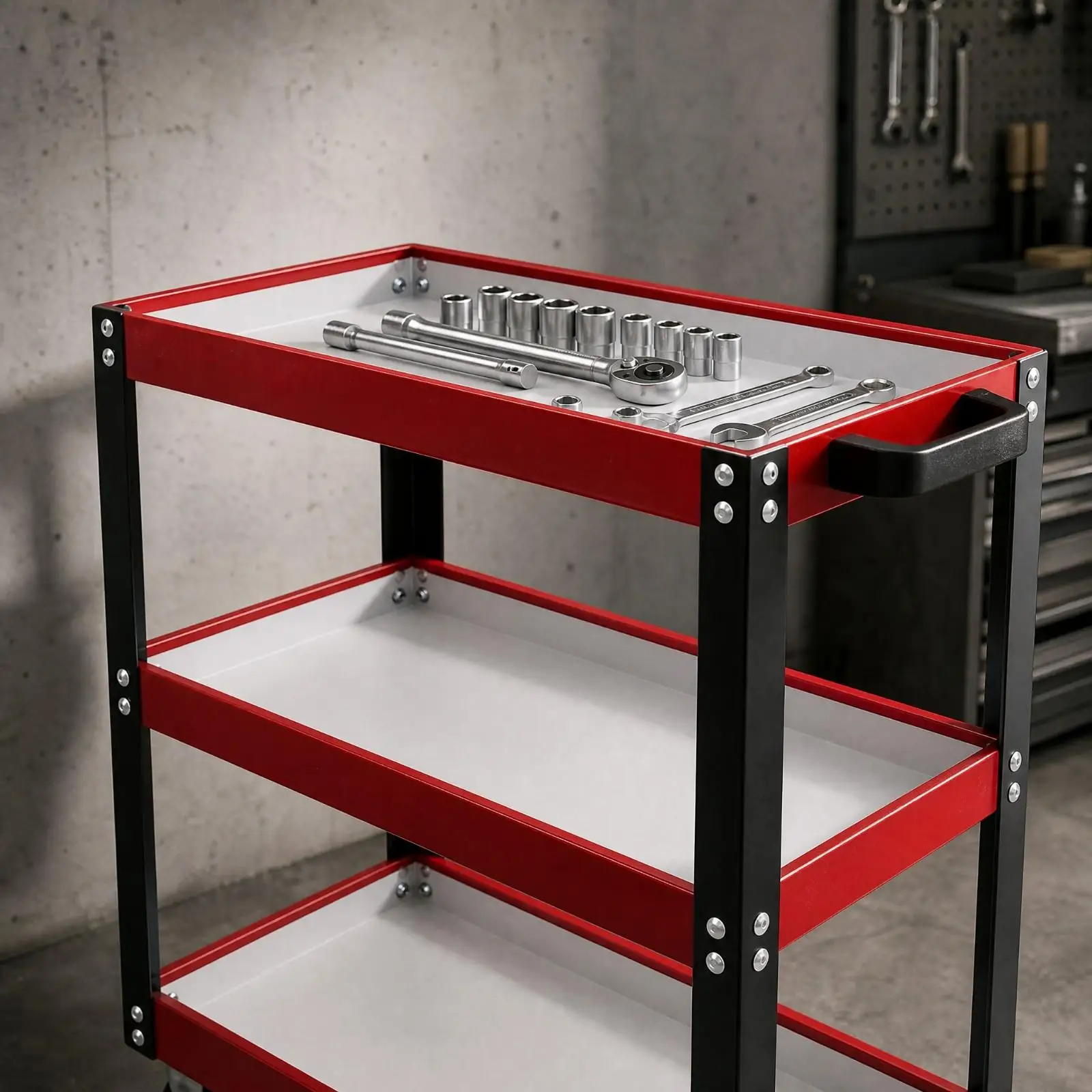 Three-Tier Utility Cart with Wheels Mobile Tiered Rolling Cart with Locking Wheels Lockable Compact for Repairs, Crafting