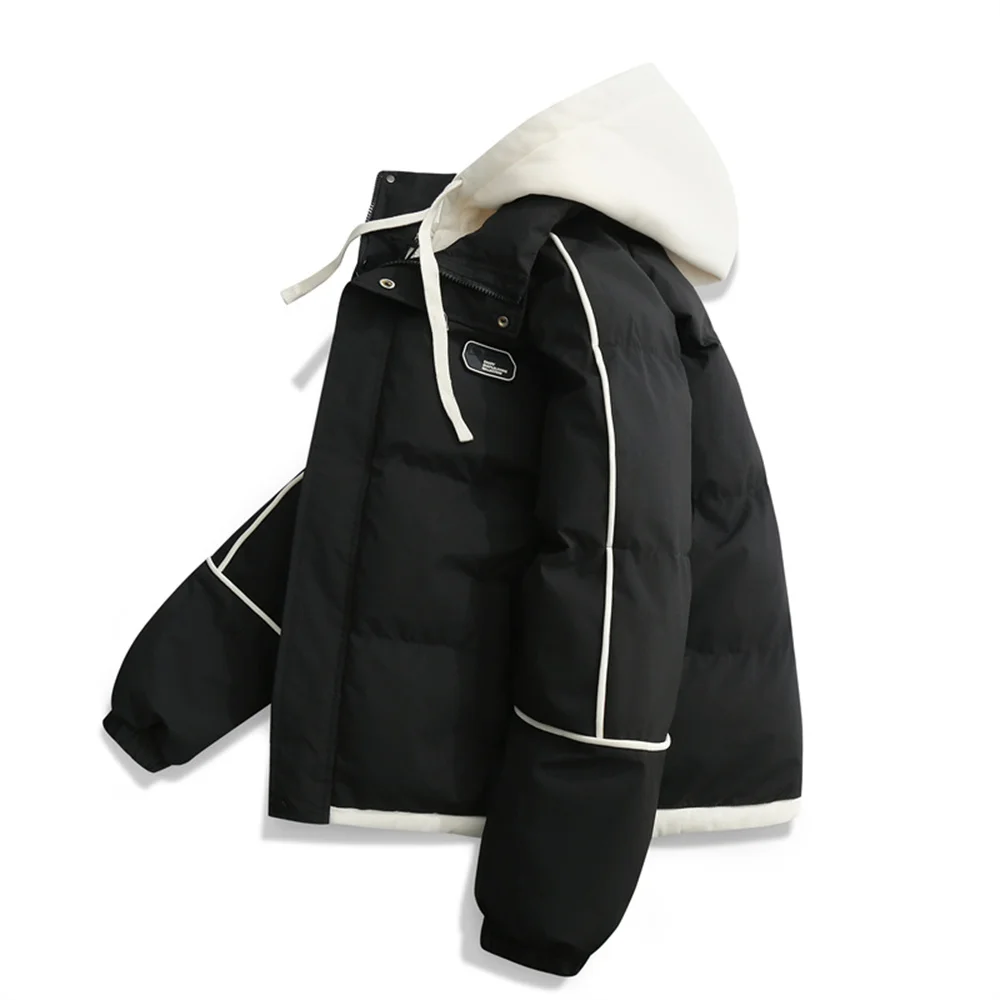 Uma jaqueta casual de algodão com capuz tanto para homens quanto as mulheres, um casaco solto e quente à prova de frio, um casaco falso estilo pão de duas peças