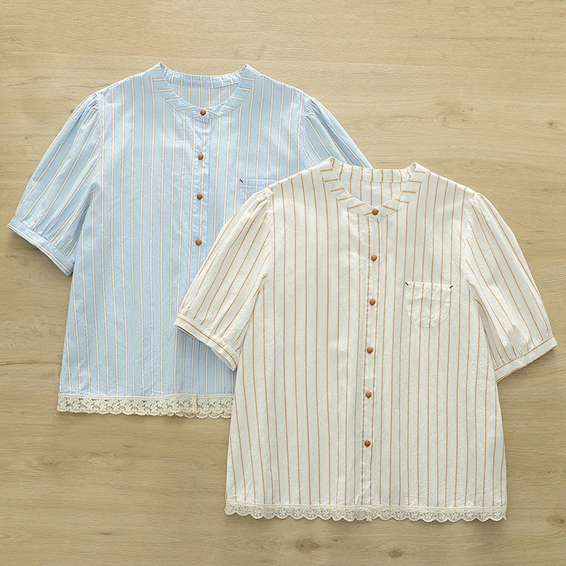 ใหม่2025ฤดูร้อนผ้าฝ้ายแขนสั้นเสื้อผู้หญิงยืนลายลูกไม้Patchwork, MoriสาวหวานOLเดินทางเสื้อหลวมT54014CC