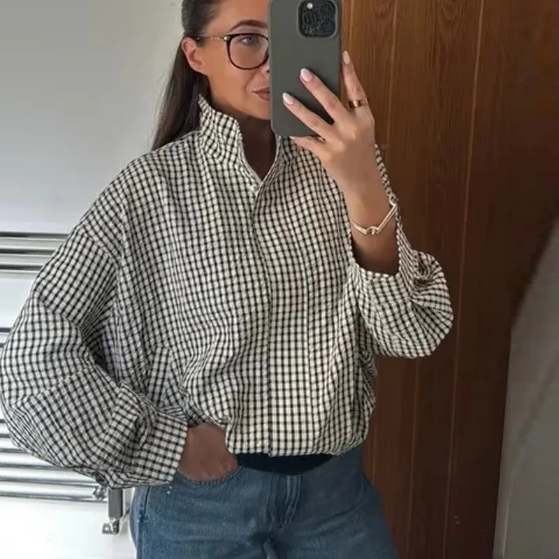 Plaid Bomber Jacket Women Demi-Season Long Sleeve Casual Crop Jacket Woman Chic Oversized Checked Varsity Jackets Coat Outerwear