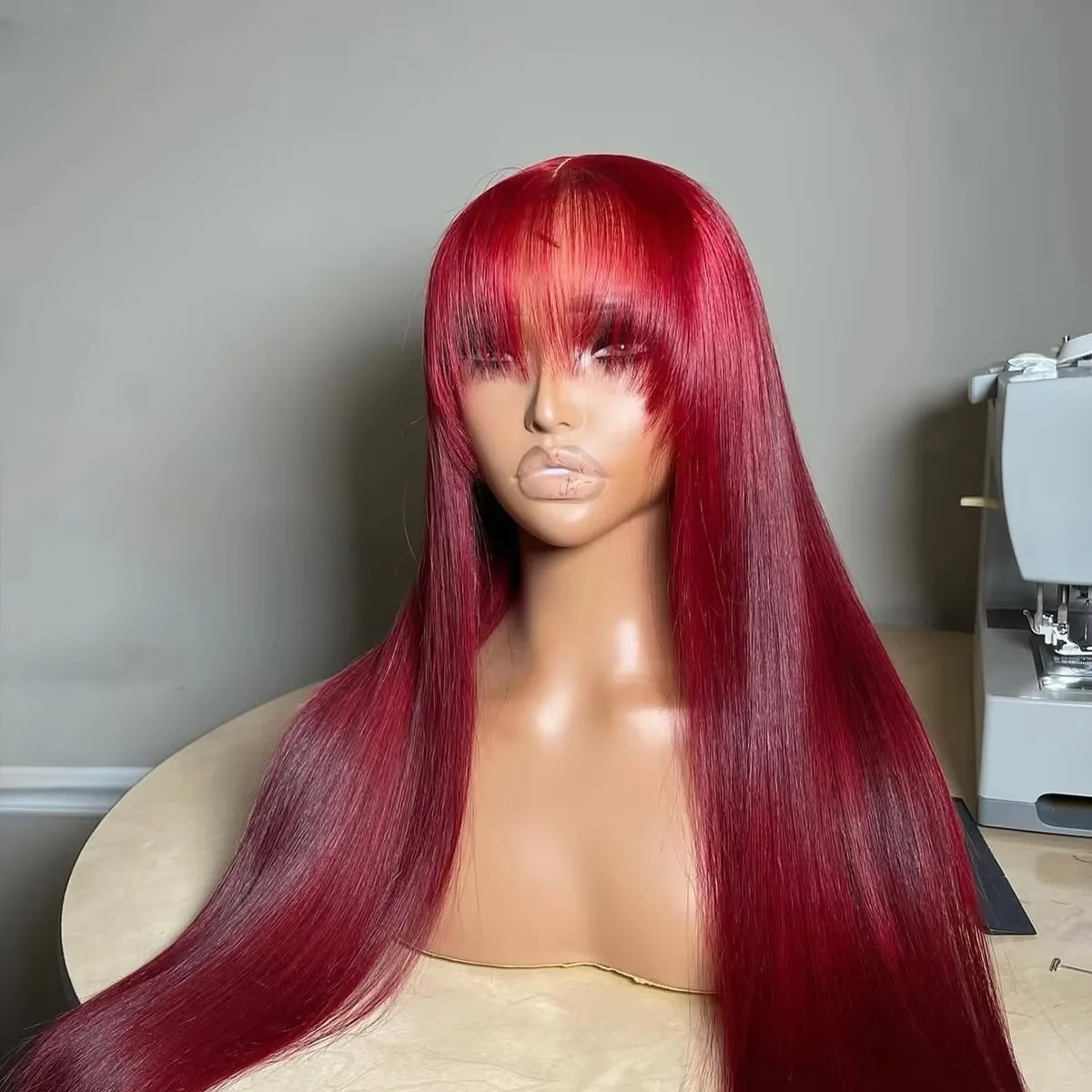 Burgundy Red Color Straight Lace front wig Lace Bang Wig  Wine Color 13x4 HD Lace Frontal Fringe Wig Glueless Ready to Wear