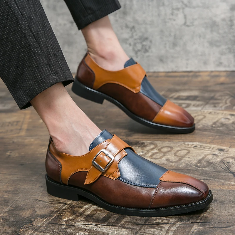 New 47 plus size 48 men\'s patchwork casual leather shoes Men\'s buckle leather loafers Fashion party show Derby shoes