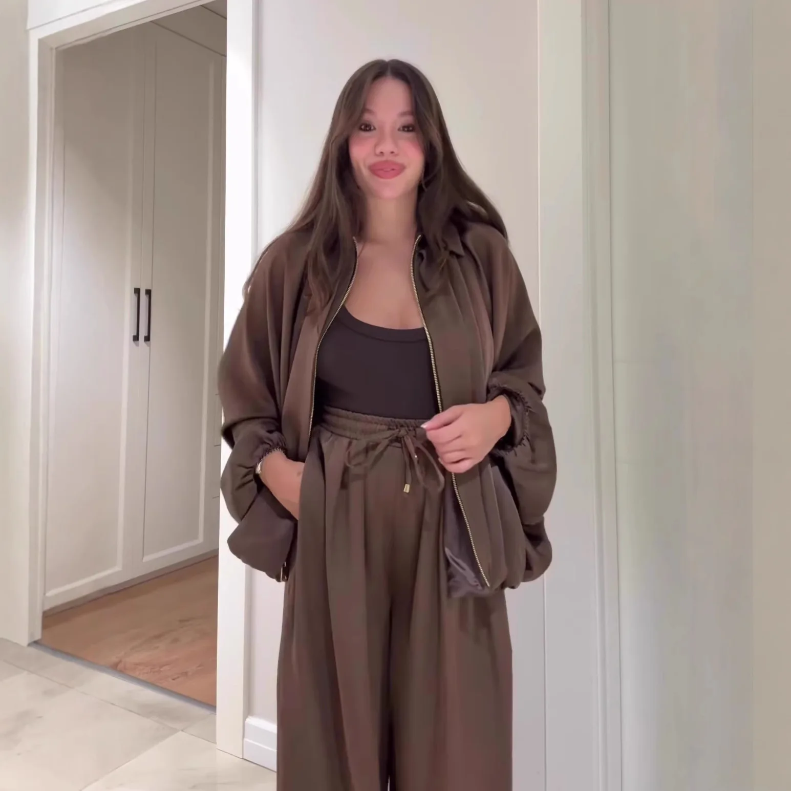 

Fashion Elegant Pants Sets Women Solid Color Loose Fold Lapel Zipper Cardigan Jacket Wide Legs Trousers Two Piece Set Female