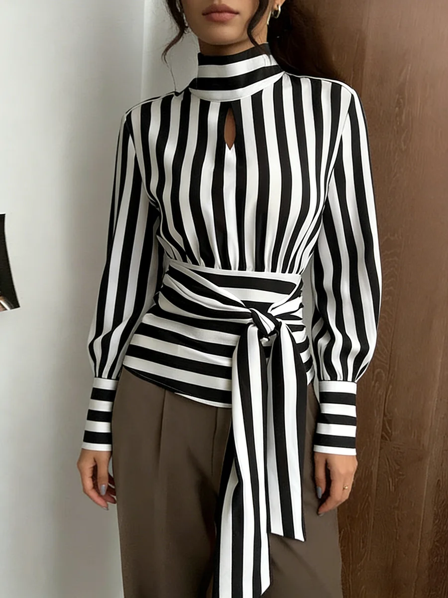 

Женская модная блузка с высоким воротом, рукавами-баллонами, в полоску, с завязками на талии, облегающий топ, сексуальная блузка, весенне-летняя трендовая блузка, мягкий топ для вечеринок