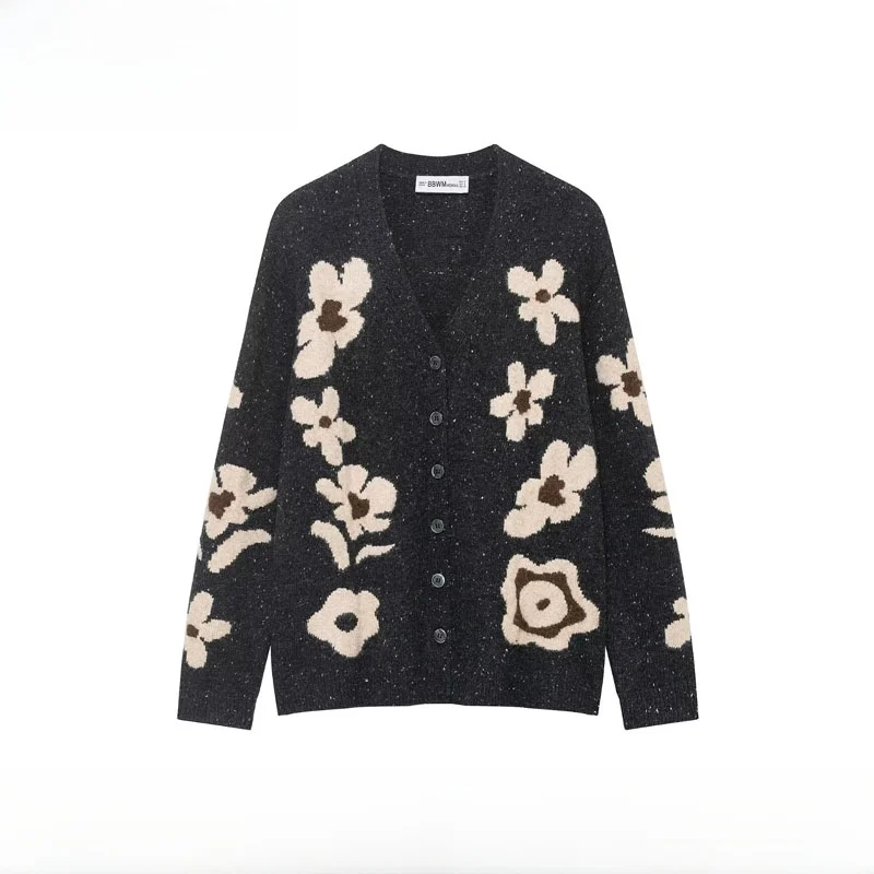 

New Autumn Winter Loose Knitted Floral Embroidery Women's Outerwear Faionable Casual Sle Polyester Fiber V-Ne Long Sve