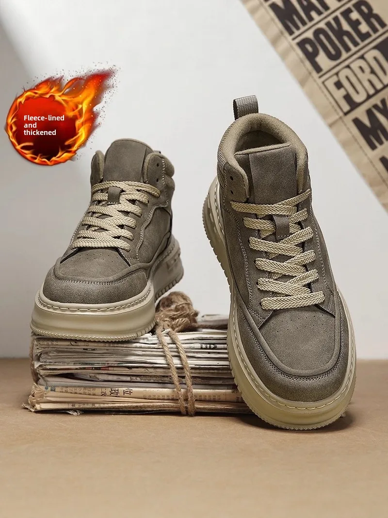 Men's High-Top Boots Winter Fleece Lined Casual Leather Fur Integrated Retro  Boots Comfortable Sporty Warm Thick Bottom