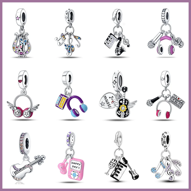 Cuentas elegantes de Plata de Ley 925 para pulsera Pandora Original, joyería fina para fabricación de regalos, Serie de música, violín y guitarra