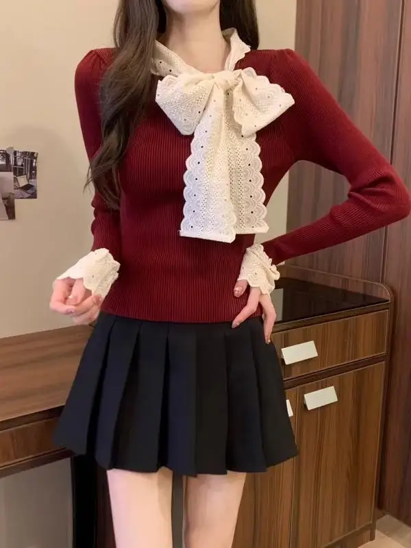 

Женский вязаный свитер Sweet Lace Splice, осенне-зимний облегающий свитер ort Sle Faionable Top Commute Sle Long Sve round ...