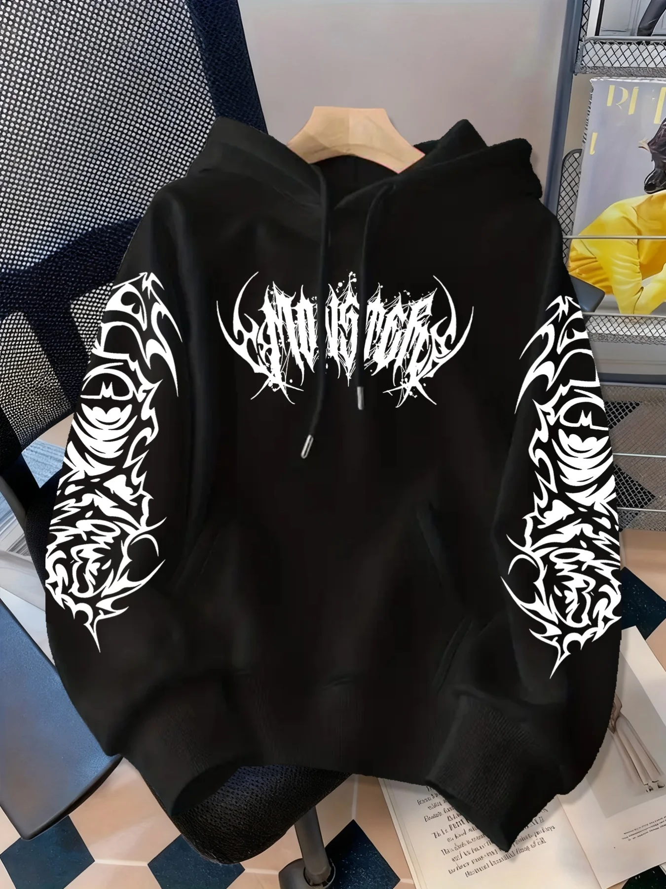Men Gothic Tribal Arm Tattoo Print Hoodie Dark Punk Abstract Letter Graphic Pullover Hooded Sweatshirt Hip Hop Streetwear Loose