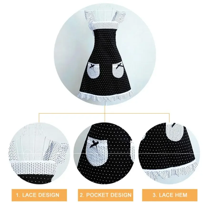 Kitchen Baking Aprons Princess Frill Lace Black White Dot Kitchen Cooking Aprons for Women with Pockets Cross Back