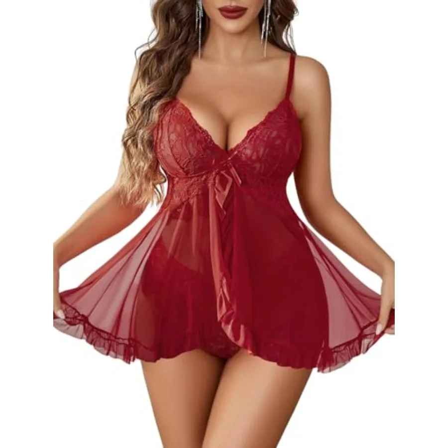 

Avidlove Sexy Lingerie for Women Lace Babydoll Lingerie Dress Boudoir Lingerie V-Neck Front Open Ruffle Chemise