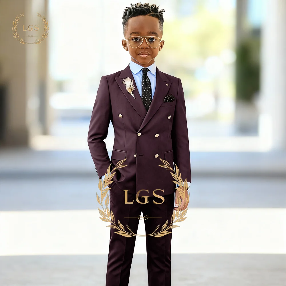 Boys' 2-Piece Suit with Peak Lapel & Double Breasts, Customizable, Suitable for Weddings, Dinners & Formal Occasions