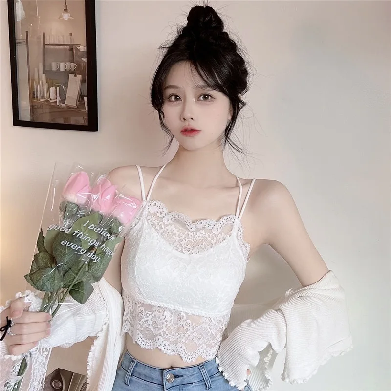 Black Lace  Strap Vest Women's Sexy Bra Prevent Exposure Inner Beauty Back Bottoming Underwear Summer Outerwear