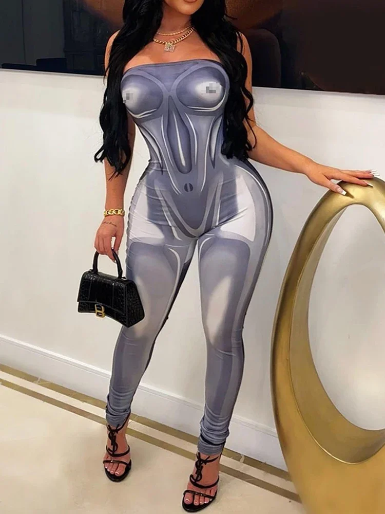 

Bangniweigou Body Print Gray Jumpsuit Women Off Shoulder Bodycon High Street Catsuit Sleeveless Clothes