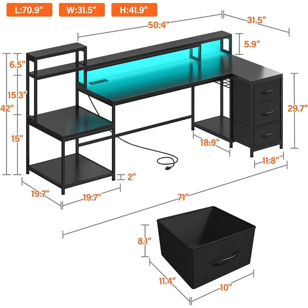 Escritorio para juegos de 71'W con toma de corriente y luces LED, estantes de almacenamiento, estante para monitor, escritorio esquinero reversible en forma de L para computadora