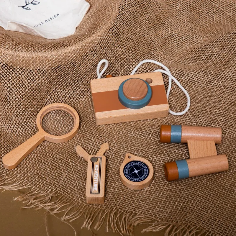 Baby Wooden Montessori Outdoor Adventure Toys Wooden Camera Magnifier Telescope Compass Toy Cognitive Educational Puzzle Game