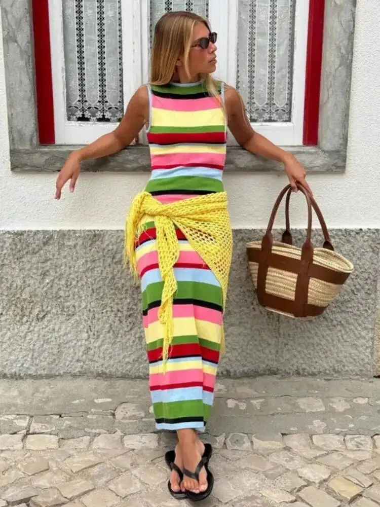 Chaxiaoa Striped Knit Sexy Maxi Dress for Women Autumn Fashion Patchwork Contrast Color Sleeveless Bodycon Long Tank Dresses
