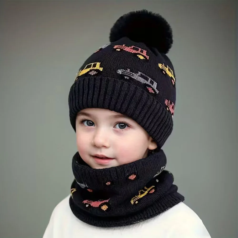 Зимняя теплая шапка и шарф для мальчиков от 3 до 8 лет с рисунком грузовика и автомобиля — толстая вязаная Балаклава и шапочка, мягкая, эластичная