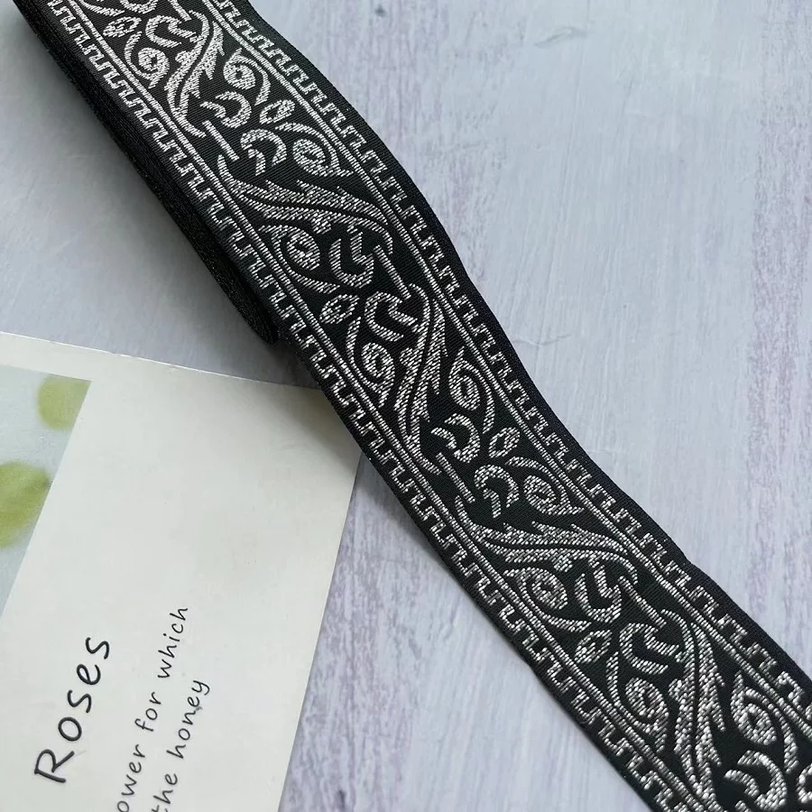 10 Yards/lots Woven Jacquard Ribbon 3.5 Cm Black Background Silvery Pattern LS-3891